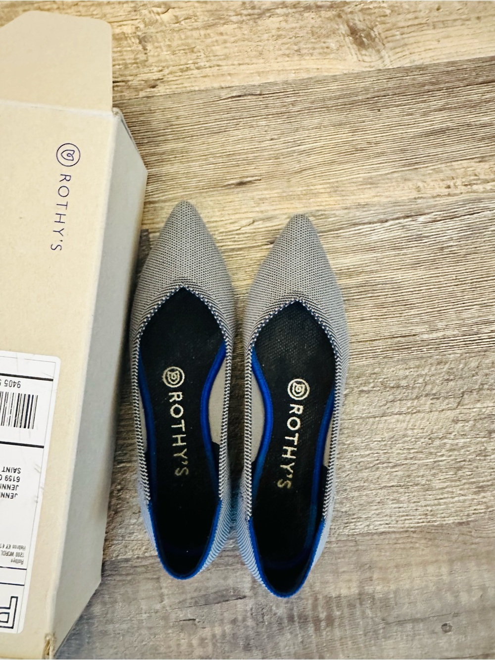 Rothy's Pointed Knit Flats in Grey with Blue Trim